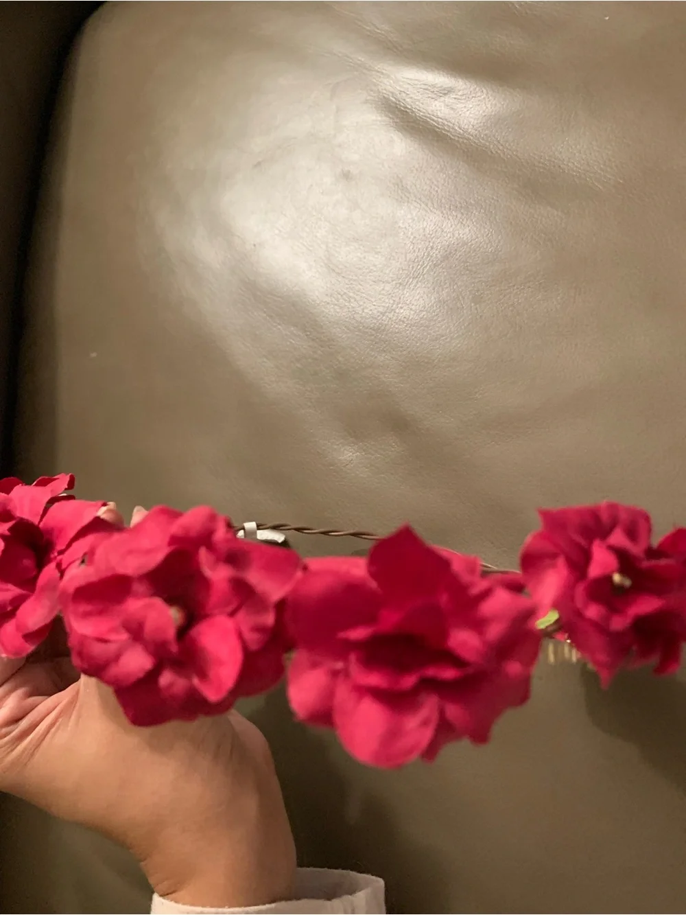 Red Flower🌹 Crown 👑Headband with Gold Chain and Pearl Accent-Adjustable/Bendable